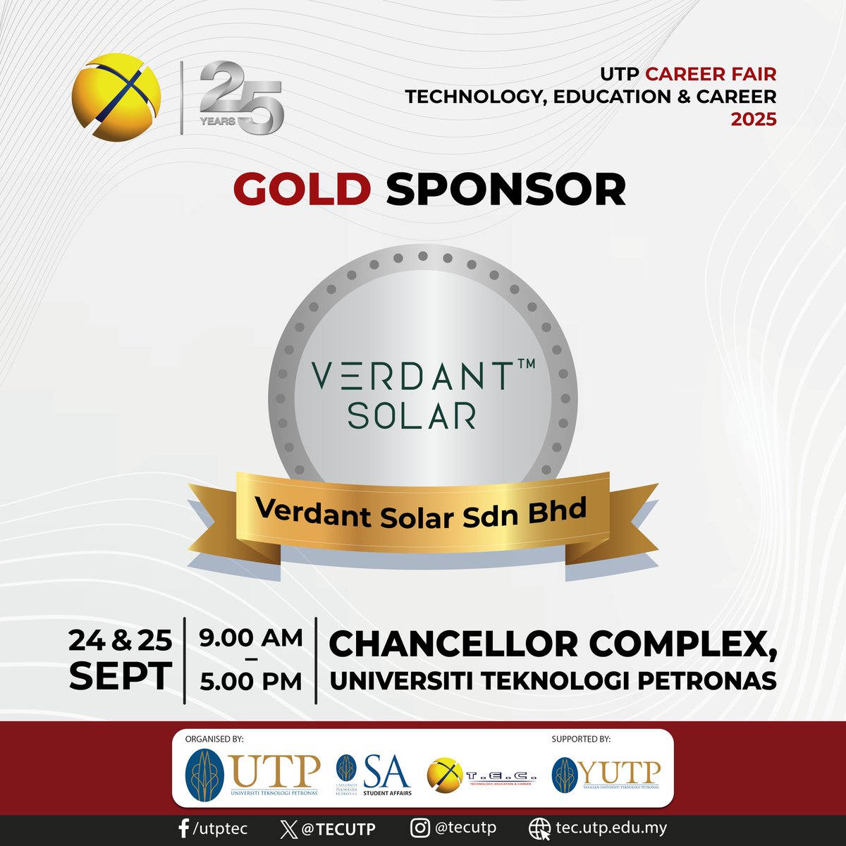 🌟[MAIN DAY EXHIBITOR #60: Verdant Solar Sdn Bhd]🌟

🔍🎓 Get ready for an exciting experience at our career fair, Technology, Education &amp; Career (TEC) 2025! We’re thrilled to welcome Verdant Solar Sdn Bhd among our distinguished sponsors! ⚡️

#TEC25 #UnveilingHiddenTalents