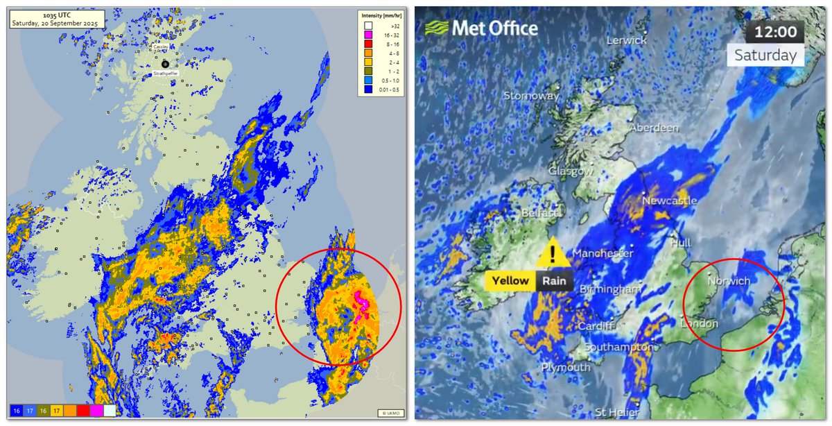 xmetman's tweet photo. @metoffice 20 Sep 2025
1035 UTC
It looks like the UKV, or whatever fancy model the Met Office are using in this animation, still hasn't got the faintest idea of what's going on in the southern North Sea at present.
#ukweather 
@metoffice @bbcweather https://t.co/rADiGHi4zd