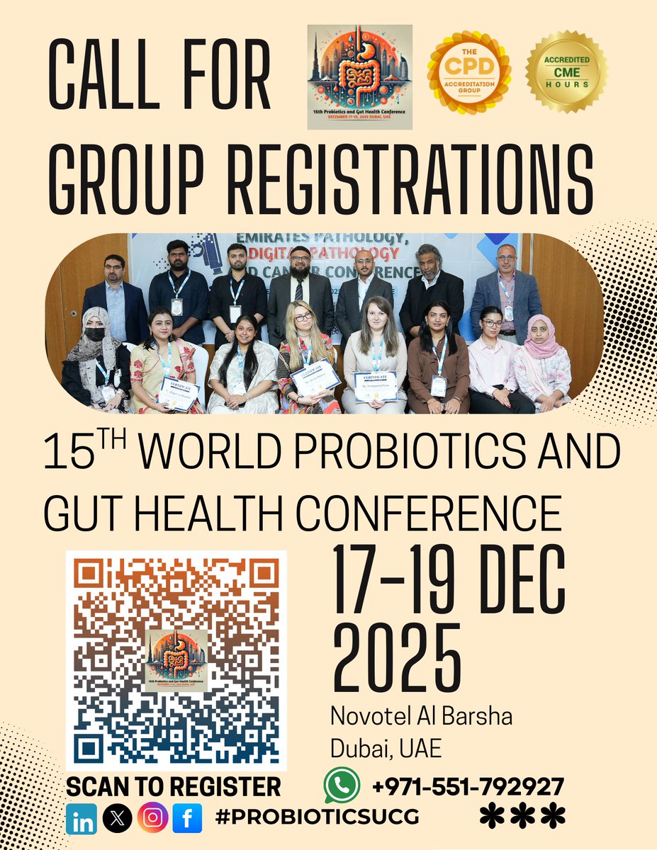 ProbioticsGut's tweet image. Call for Group Registrations 
15th World Probiotics and Gut Health Conference from December 17–19, 2025, at Novotel Al Barsha, Dubai, UAE 
Register: …-guthealth.utilitarianconferences.com/registration
WhatsApp: wa.me/+971551792927

#WorldProbiotics2025 #GutHealthConference #GroupRegistration #Probiotics
