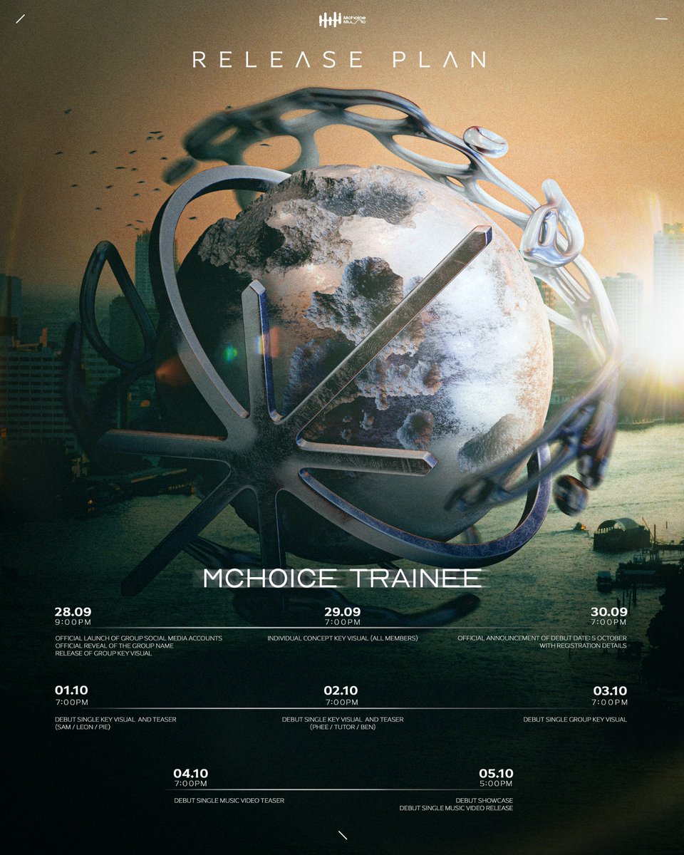 MCHOICE TRAINEE 

DEBUT RELEASE PLAN

28 September – 9 PM
- Official launch of group social media accounts
- Official reveal of the group name
- Release of group Key Visual

29 September – 7 PM
- Individual concept Key Visual (all members)

30 September – 7 PM
- Official