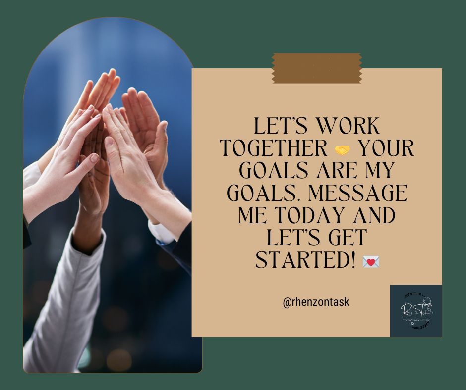 rhenzie17_'s tweet image. Let’s work together 🤝 Your goals are my goals. Message me today and let’s get started! 💌
#LetsWorkTogether #BusinessPartner #MessageMeNow #VAAssistant