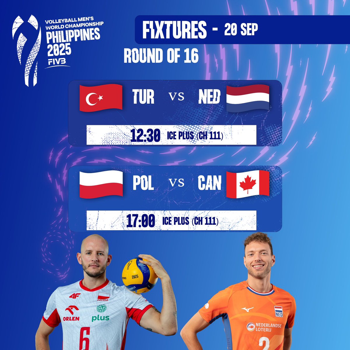 The Round of 16 at the Men’s Volleyball World Championship 2025 kicks off today — the road to glory gets tougher, and the big clashes begin! 🔥 

Don’t miss today’s action, live only on ICE Network! 📺