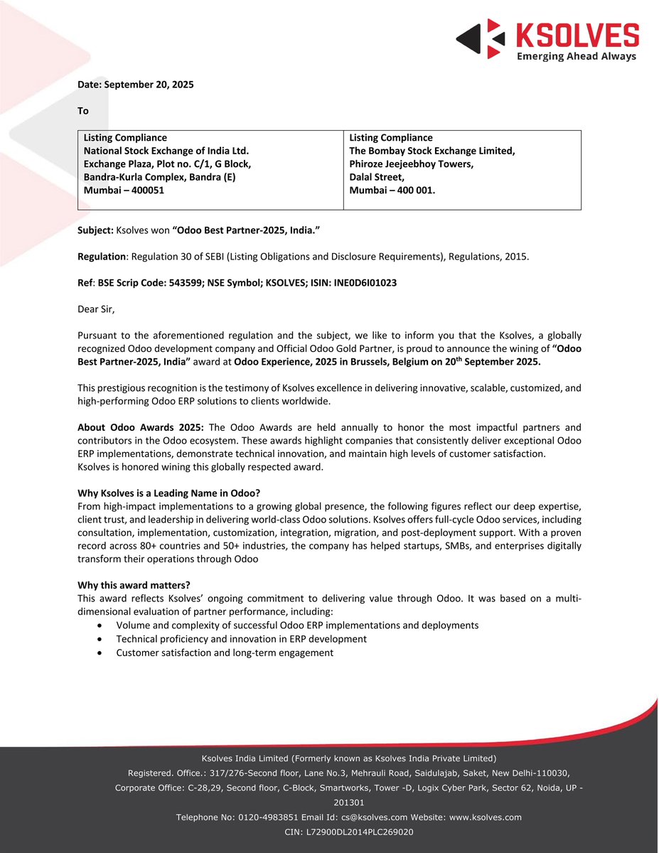 stocknewslatest's tweet image. #KSOLVES Ksolves, a globally recognized Odoo development company and Official Odoo Gold Partner, proudly announced winning the ‘Odoo Best Partner-2025, India’ award at Odoo Experience, 2025 in Brussels, Belgium.