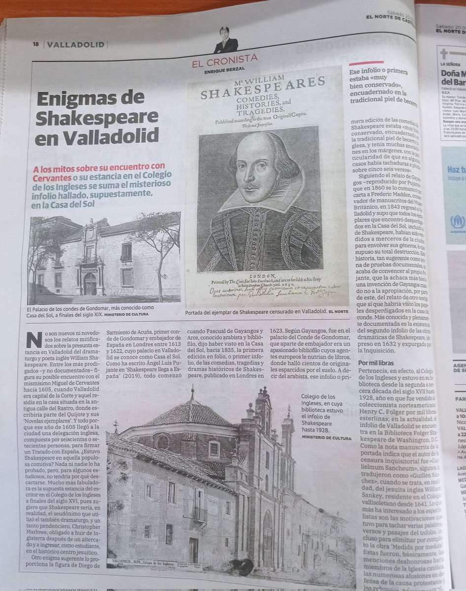 Joralon75's tweet photo. #ElCronista el gran @EnriqueBerzal1 nos regala hoy en @nortecastilla los enigmas de Shakespeare en Valladolid y su posible paso por el Colegio de los Ingleses, cuando Valladolid era la capital https://t.co/rCpzKfyXEB