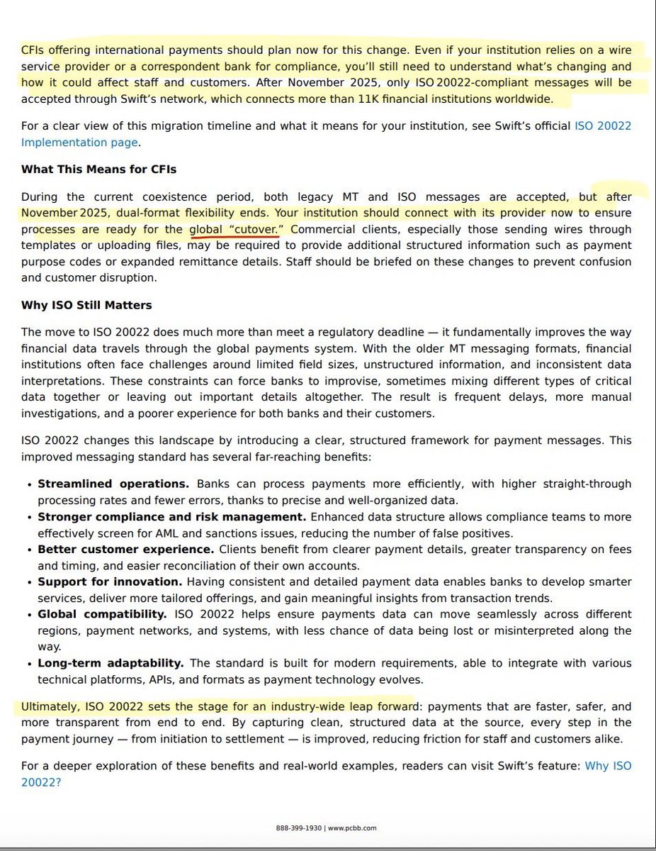 SMQKEDQG's tweet image. ‼️ALL ATTENTION IS NOW ON THE NEXT CRITICAL DATE: THE NOVEMBER 2025 GLOBAL ISO 20022 “CUTOVER”‼️

“After November 2025, only ISO 20022-compliant messages will be accepted through Swift&apos;s network, which connects more than 11K financial institutions worldwide.”😶‍🌫️

“Ultimately, ISO…