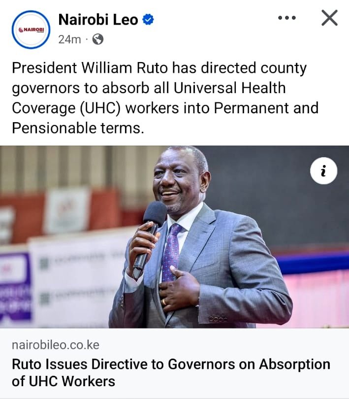 What remains now is:

1. Change of RODs.
2. Change of payslip from contract to PnP.
3. Granting of PnP appointment letters.
4. Salary arrears for July &amp; August.
5. Gratuity payments.

Cc:
<a href="/WilliamsRuto/">William Samoei Ruto, PhD</a>, <a href="/HonAdenDuale/">Hon. Aden Duale, EGH</a>
<a href="/KenyaGovernors/">Council of Governors</a>

This should be done effective this month.