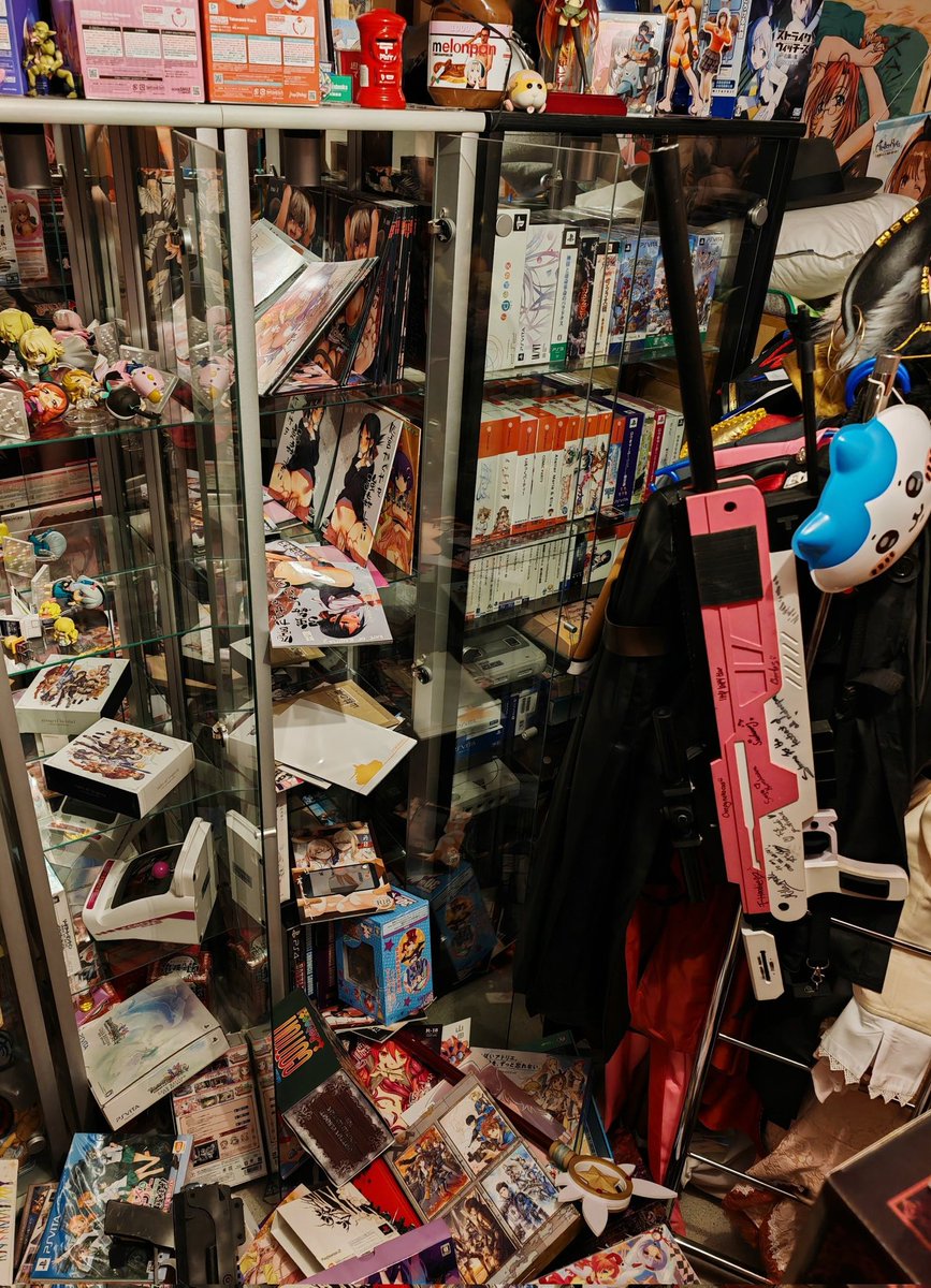 MeidocafeR's tweet photo. 昨日の夜、地下室に空き巣が入った。
目測だけど2000冊くらいのタカラを持って行きやがった。アレクサンドリア図書館の略奪だわ。ANGELIC LAYERみたいなレア物や10年間日本を行き来してマンダラケとかで探し集めた思い出の品まで。それで飽き足らず、ヤツはフィギュアの頭部と腕の部分だけを取って攫いやがった！警察はもう現場に来てDNAサンプルなどを確保したものの、内容が内容で詳しく説明できず、被害は完全にボク持ち。悲しいし、腹が立っているし、人間嫌いになりそう。スイスの治安の良さはどこへやら…。