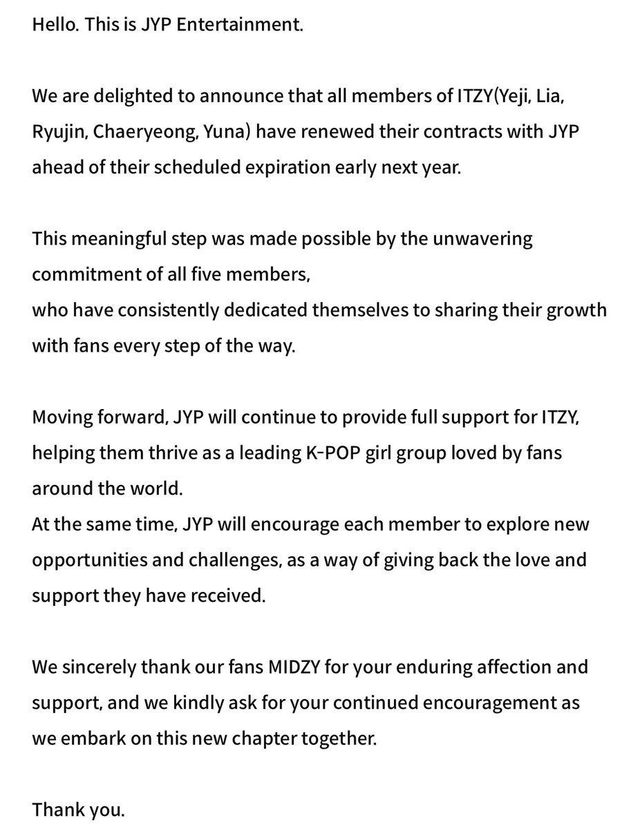 ITZY announces during their fan meeting that all members have renewed their contracts with JYP.

They will continue to promote as a 5 member act.