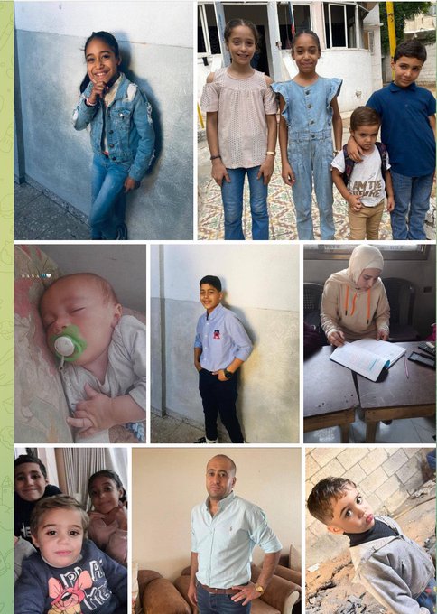 Multiple photos showing a group of children and adults. One image depicts a girl in a denim jacket leaning against a wall. Another shows three children standing together, wearing casual clothing. A baby sleeps in a crib, and a boy in a blue shirt stands against a wall. A man in a light blue shirt poses indoors, and a woman in a headscarf writes at a desk. Other images include children in casual outfits, some sitting together, and one lying on rubble in a grey jacket.