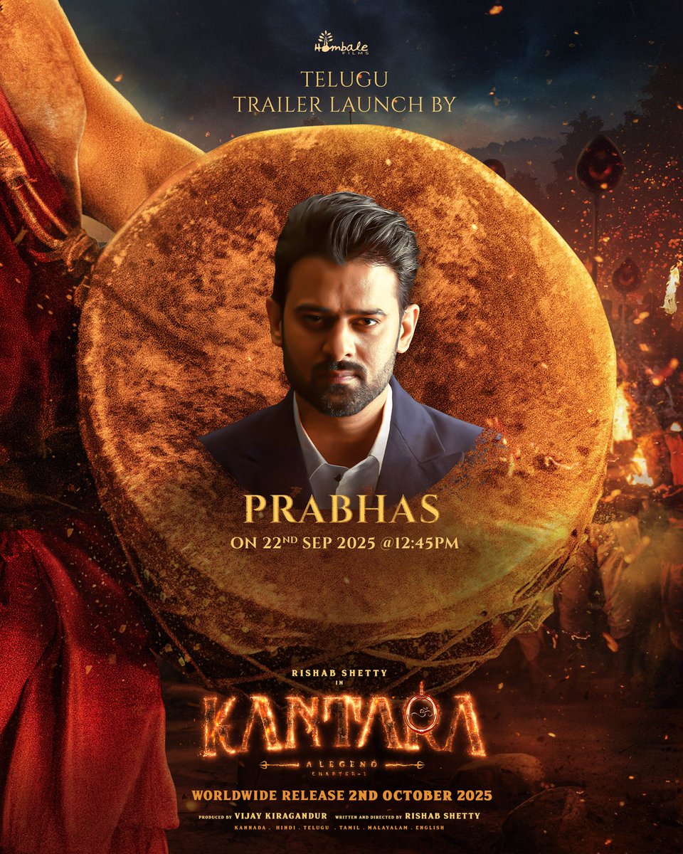 When the roar of a Legend unites with the power of a Rebel Star 🔥
The Telugu Trailer of #KantaraChapter1 will be launched by the iconic Rebel Star #Prabhas. 

More legends. More languages.
One roar echoes across the world. Stay tuned!

 #KantaraChapter1Trailer on September 22nd