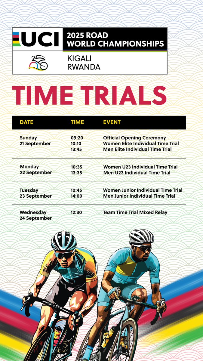 1 Day To Go!🚴🏾‍♀️

Tomorrow, Kigali opens its doors to the world as the 2025 UCI Road World Championships begin with the Time Trials! 

From the Official Opening Ceremony at 09:20 to the Women Elite and Men Elite battles against the clock, this is the action you don’t want to miss.