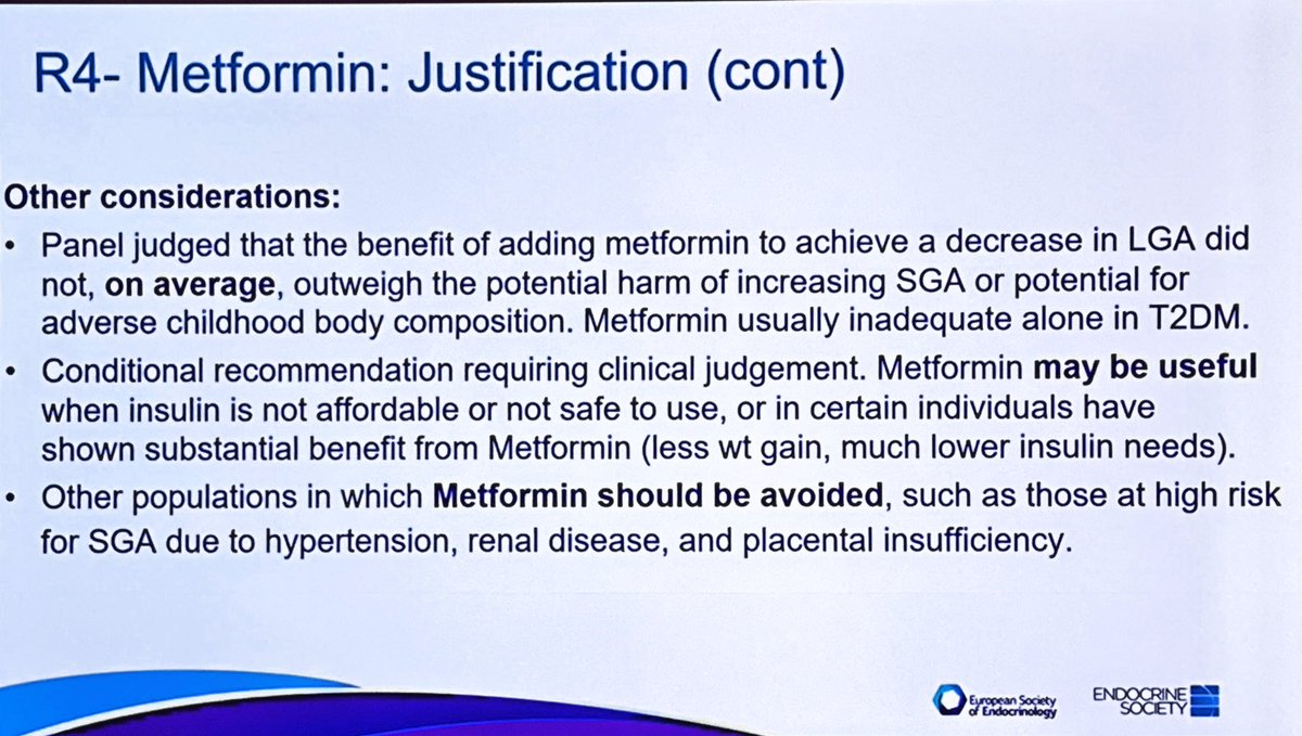 Duro revés a la apertura del uso de metformina en embarazo. A pesar de estar autorizado su uso en la Unión Europea, las nuevas guías de la EndoSociety y ESE no terminan x recomendarla argumentando pocos datos sobre su efecto a largo plazo a pesar de claros beneficios demostrados