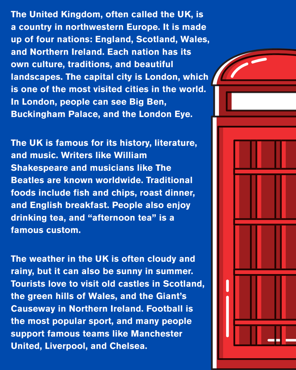 AlwaysEnglsh's tweet photo. ✨ Learn English with Countries! ✨

Today’s country is The United Kingdom 🇬🇧.

Read the short text and answer the 3 questions below 👇
This is a great way to practice English every day! 🌍💬

#LearnEnglish #EnglishPractice #TheUnitedKingdom #ESL #StudyEnglish https://t.co/5IZlpa9pH9