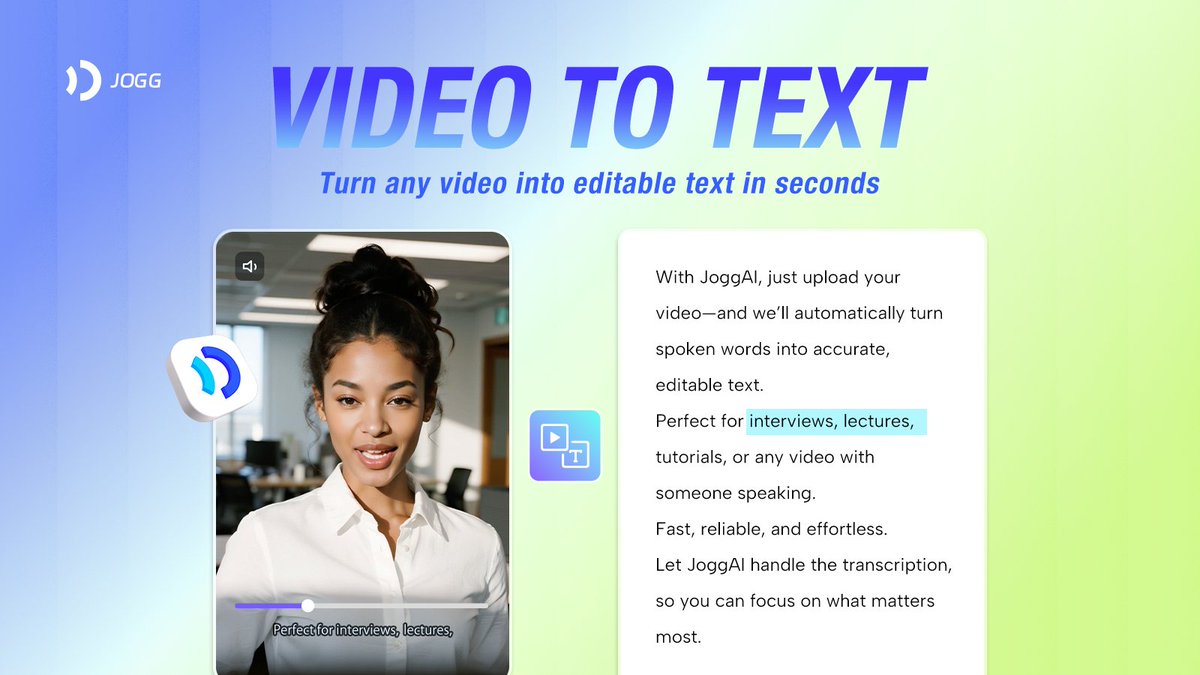 Jogg_ai's tweet image. 🚀 JoggAI New AI Video Tools - Video to Text
✨ Turn any video into text in just seconds — perfect for:
✅ Subtitles
✅ Content repurposing
✅ Quick notesFast, accurate, and editable. 
Try it now and save hours of manual work! 
👉🏻 jogg.ai
#AItools #VideoToText…