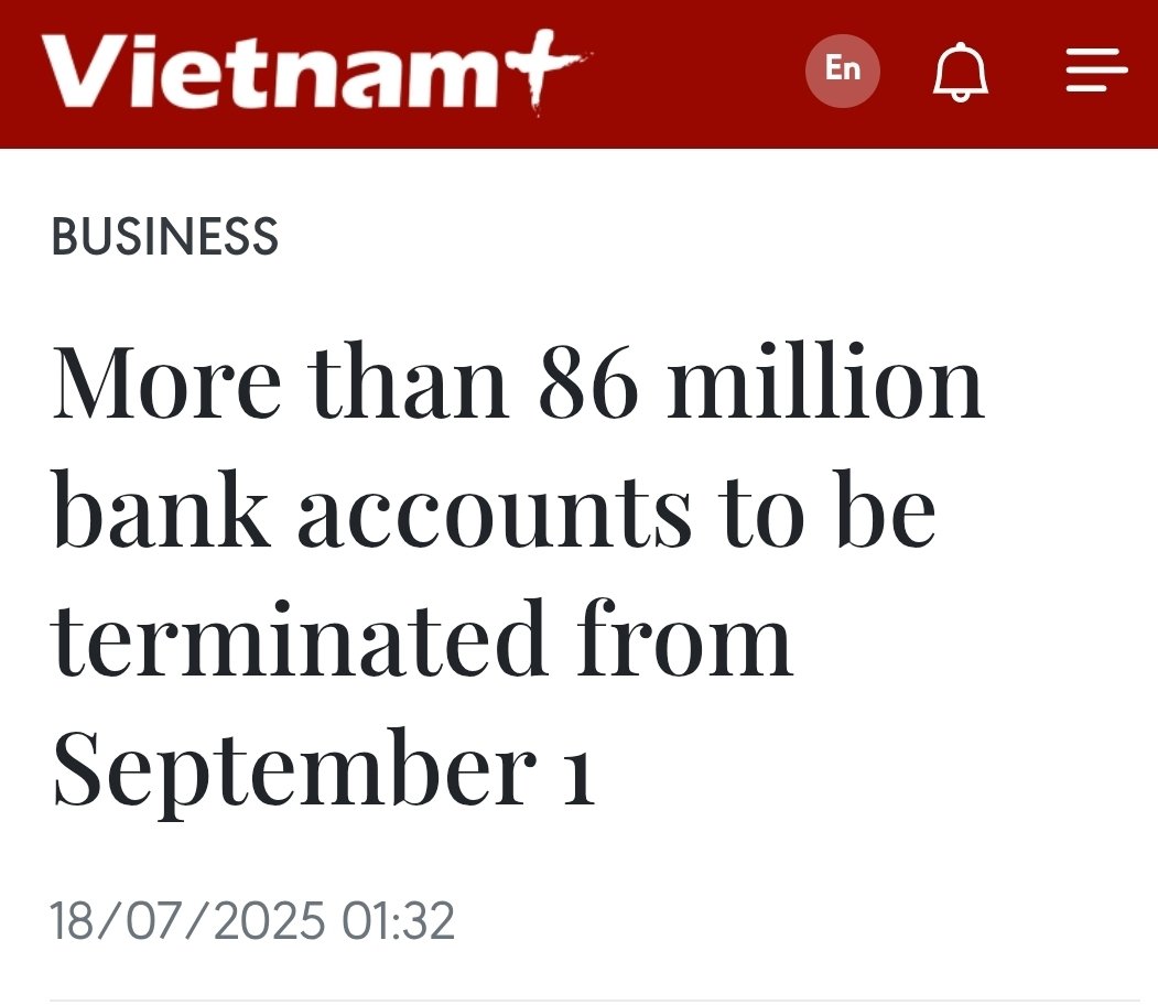 seems Vietnam deleting over 86M bank accounts

one of the reasons for deletion is if the person has not registered for biometrics

you do not control your money and everyone can see you 

no more complaining, move your money onchain and keep it private