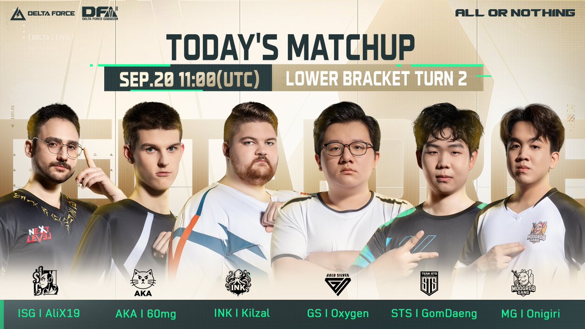DFI UPPER BRACKET TURN 2-Today's Matchup
⚔ GS 🆚 STS 🆚 INK 🆚 MG 🆚 AKA 🆚 ISG
⏰Sep 20 | 11:00 UTC+0

👇Watch live:
twitch.tv/deltaforcegame…

Delta Force invitational 2025 l Everything You Need to Know:
playdeltaforce.com/en/detail/news…