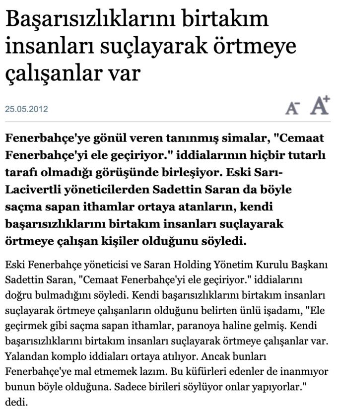 Saran'ın 3 Temmuz döneminde cemaatin yanında olması sorun ediliyor. 

Şampiyon olmak zorundayız.

Şampiyonluk için "Fenerbahçelilik namusu, FETÖ duyarlılığı" kenara bırakılacak ve Saran'a oy verilecek.

Şampiyonluk bu değerlerden önemli, Fenerbahçe için asıl değer kupadır.