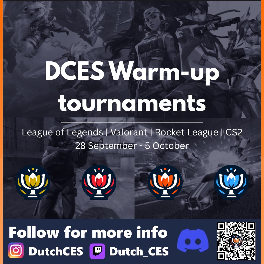 DCES WARM UP TOURNAMENTS ARE HERE✨ 

The tournaments will be hosted on the same days as the competition days for each respective game, the exact format will be decided once we know how many teams sign up.

Sign up in the server: discord.gg/7wfXF7AU3R