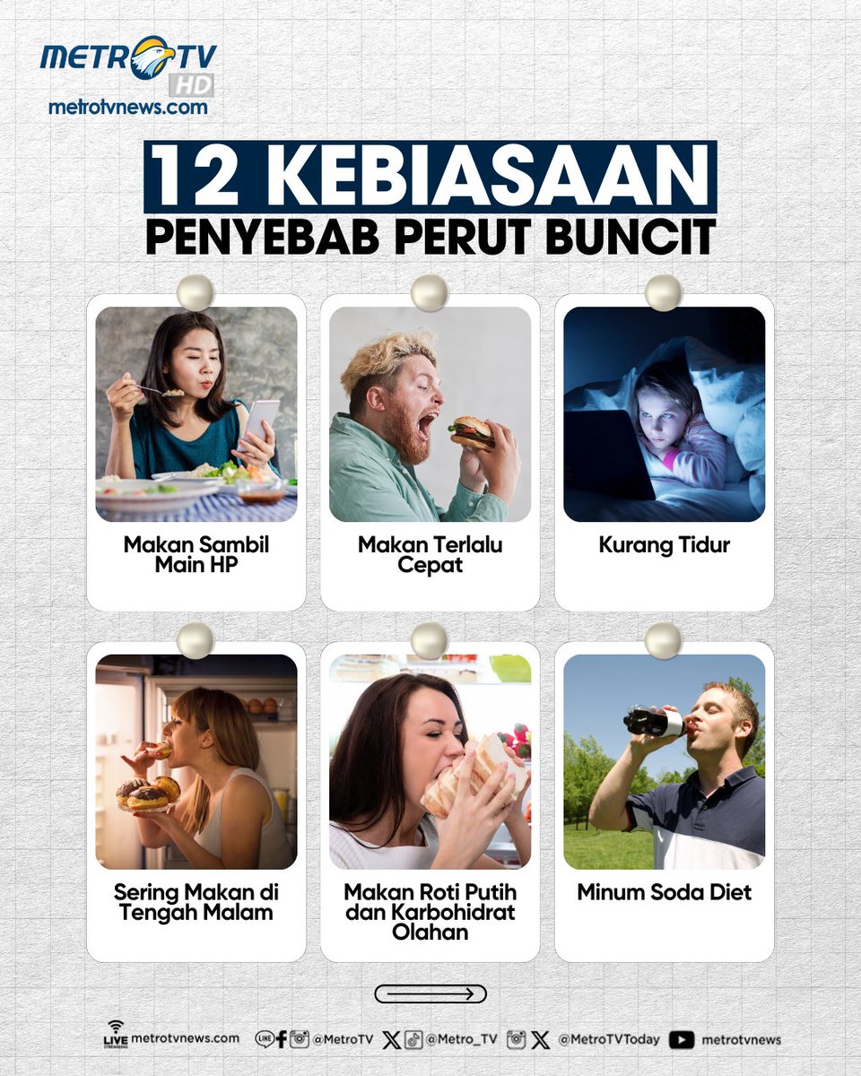 Metro_TV's tweet photo. Perut buncit ganggu penampilan? Mungkin ini 12 kebiasaan yang sering kamu lakukan! Cek kebiasaan-kebiasaan yang perlu dihindari seperti makan sambil main HP, kurang tidur, hingga minum soda. Mulai hidup sehat, mulai sekarang!
#PerutBuncit #HidupSehat #GayaHidupSehat #TipsSehat #Kesehatan #DietSehat #MetroTV