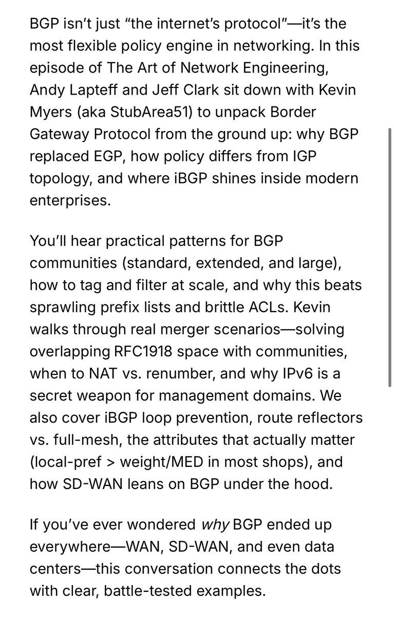 FBorsik's tweet photo. .@artofneteng: “What is #BGP? BGP is an application!” 😆 Great podcast, @stubarea51, @andylapteff & Jeff Clark.
Listen it here:
https://t.co/10tDLkpkpo
#EGP #IGP #iBGP #RFC1918 #BorderGatewayProtocol #IPv6 https://t.co/lBarvZk04V