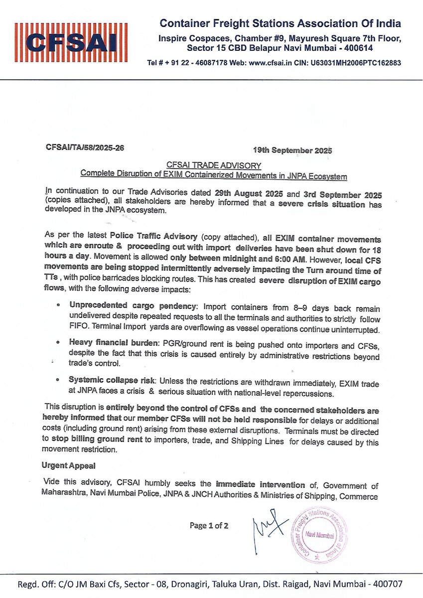 CFSAIindia's tweet photo. EXIM  Container Traffic Movement at JNPA -  Traffic restrictions allow Movement enroute & proceeding out with EXIM deliveries have been shut down for 18 hours a day. 

Movement is allowed only between midnight and 6:00 AM. However, local CFS movements are being stopped intermittently adversely impacting the Turn around time of TTs  which has created  severe disruption of EXIM cargo flows.
 Huge Cargo cargo pendency: Import containers from 8–9 days back remain undelivered as Terminal are not following mandated   First In First Our (FIFO)  

 Unless the restrictions are withdrawn immediately, EXIM      trade at JNPA faces a crisis & serious situation with      national-level repercussions.
This disruption is entirely beyond the control of CFSs and the concerned stakeholders  have been notified

CFSAI  seeks  immediate intervention of,  MAHA Gov, a, Navi Mumbai Police, JNPA & JNCH Authorities & Ministries of Shipping, Commerce & Finance to  restore normal EXIM container flows at JNPA.
@JNPort @jnchcustoms @CMOMaharashtra ; @shipmin_india ;@BCBA_IND @cbic_india @amtoi_official ;@DPIITGoI ; @DoC_GoI @CimGOI