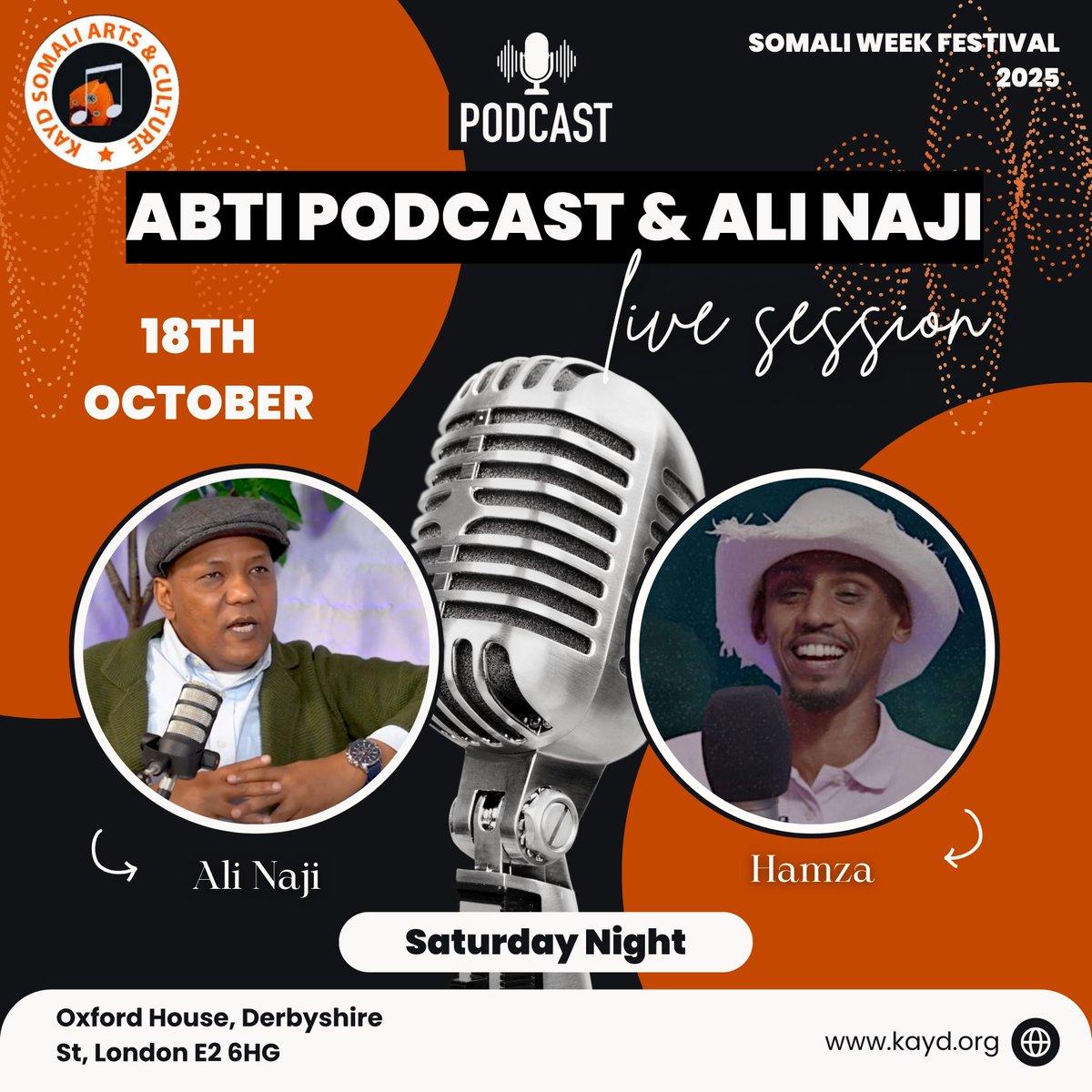Live pod night with Abti Podcast in conversation with special guest Ali Naji. We’re tracing Somali funk music to the diaspora and back again. 
Come for the laughs, stay for the references, leave with a new playlist. 
Hosted by @abtipodcast &amp; @alinaji8 with Kayd during this year's