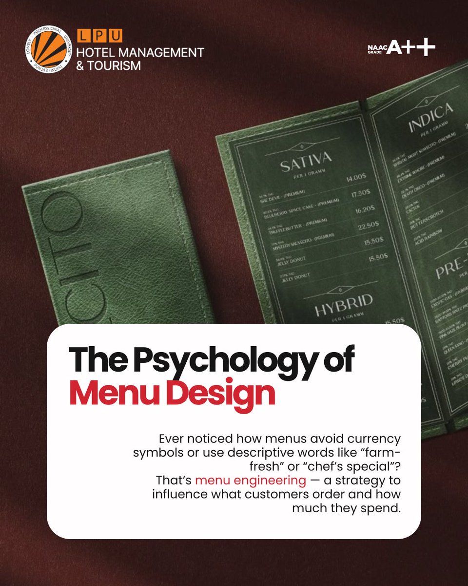 LPUHotelMgt's tweet image. 📝✨ Menus are more than just lists of dishes — they’re powerful marketing tools!
Through smart menu engineering, restaurants guide customer choices, enhance dining experiences, and even increase profitability. 🍴💡
#MenuDesign #MenuEngineering