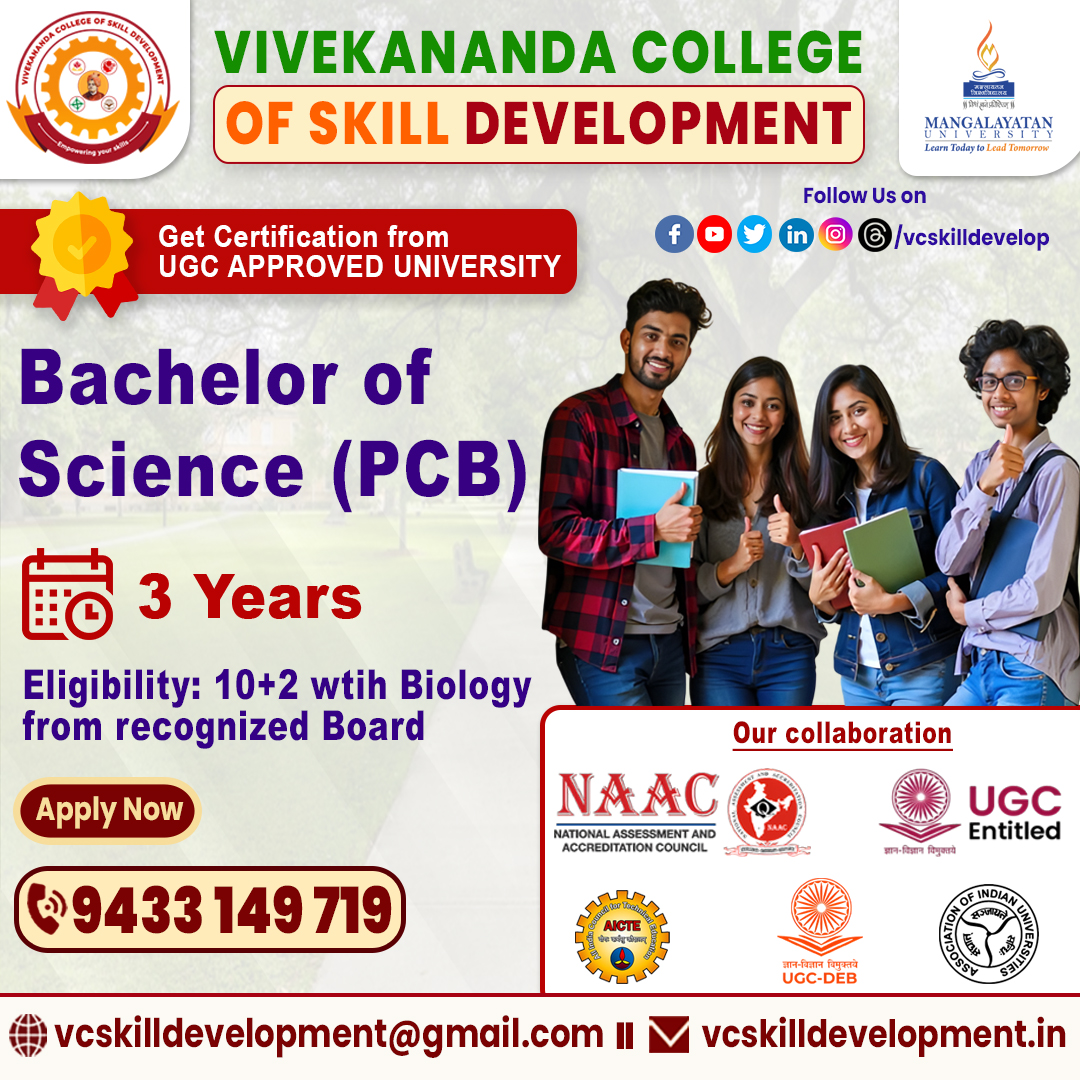 vcskilldevelop's tweet image. 🎓Advance Your Science Career with B.Sc. (PCB) Online!
🌟Vivekananda College of Skill Development now offers . (PCB) in Online/Distance Mode — perfect for students who want flexible learning while advancing their career in life sciences!