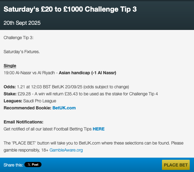 No1TFT's tweet photo. Saturday's £20 to £1000 Challenge Tip 3

Visit our website for the rest of Saturday's betting tips                                                  

#TopFootballTipster #BettingTips #BettingChallenge https://t.co/8Wj9VSJKcp