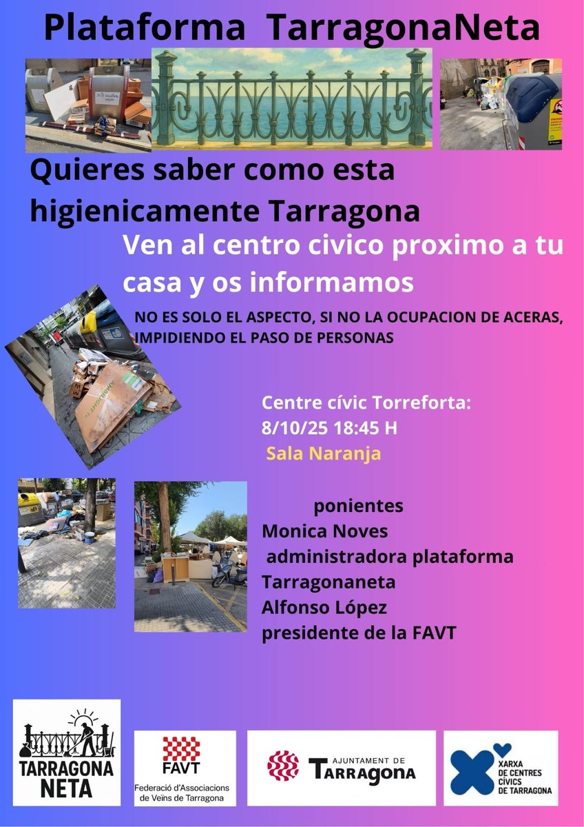 Informació IMPORTANT❗️❗️🔊🔊:

El dimecres 8 octubre a les 18:45h la <a href="/Plat_TgnaNeta/">PlataformaTarragonaNeta</a> estarem al Centre Cívic de TORREFORTA per parlar amb els veïns 🙋‍♀️

Comencem a moure'ns 💪
Anem a per totes❗️
Reclamem el nostre dret a viure en una ciutat NETA 🧹 ❗️❗️

#tarragona #tarragonabruta