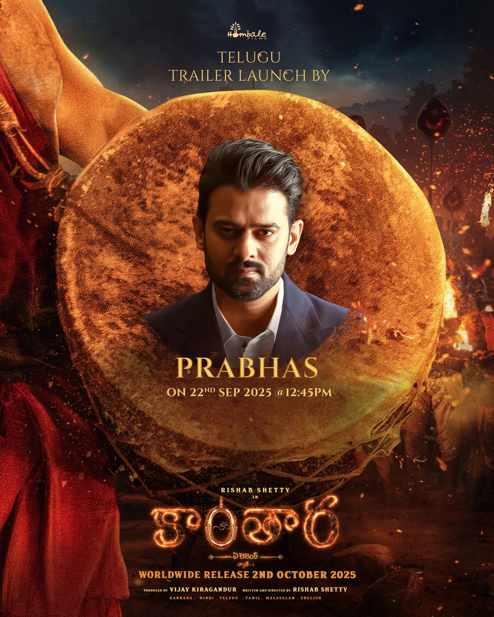 When the roar of a Legend unites with the power of a Rebel Star 🔥
The Telugu Trailer of #KantaraChapter1 will be launched by the iconic Rebel Star #Prabhas. 

More legends. More languages.
One roar echoes across the world. Stay tuned!

 #KantaraChapter1Trailer on September 22nd