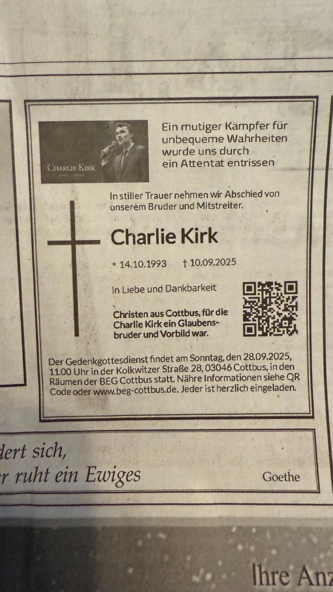 Charlie Kirk - Christen aus Cottbus veranstalten Gedenkgottesdienst.
