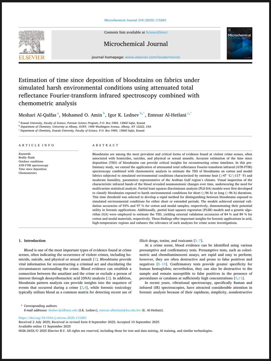 MAlqalfas's tweet photo. Overjoyed to share that my first original article in forensic sciences on the estimation of TSD of bloodstains on fabrics exposed to harsh weather conditions using ATR-FTIR spectroscopy has been published! 🩸🔬

Grateful to @AlHetlani and @MohamedOAmin1 for their support!💛🙏🏻✨ https://t.co/QAl7hMLOES
