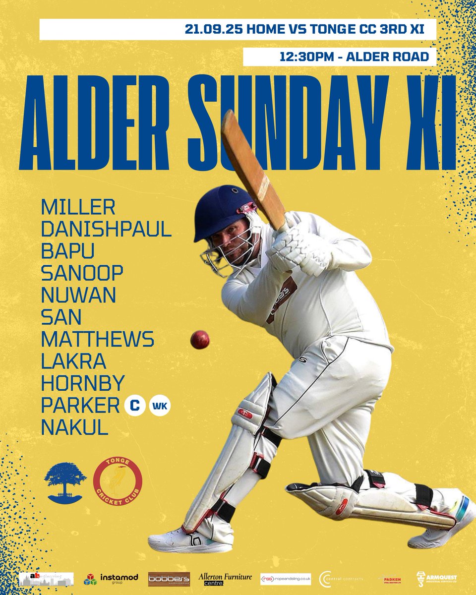 ALDER CC LINEUP - SUNDAY 21ST SEPTEMBER

Sunday XI - HOME vs <a href="/TongeCC/">Tonge Cricket Club</a> 

12:30 Start for the last game of the year (weather dependent!)

Up the Alder!