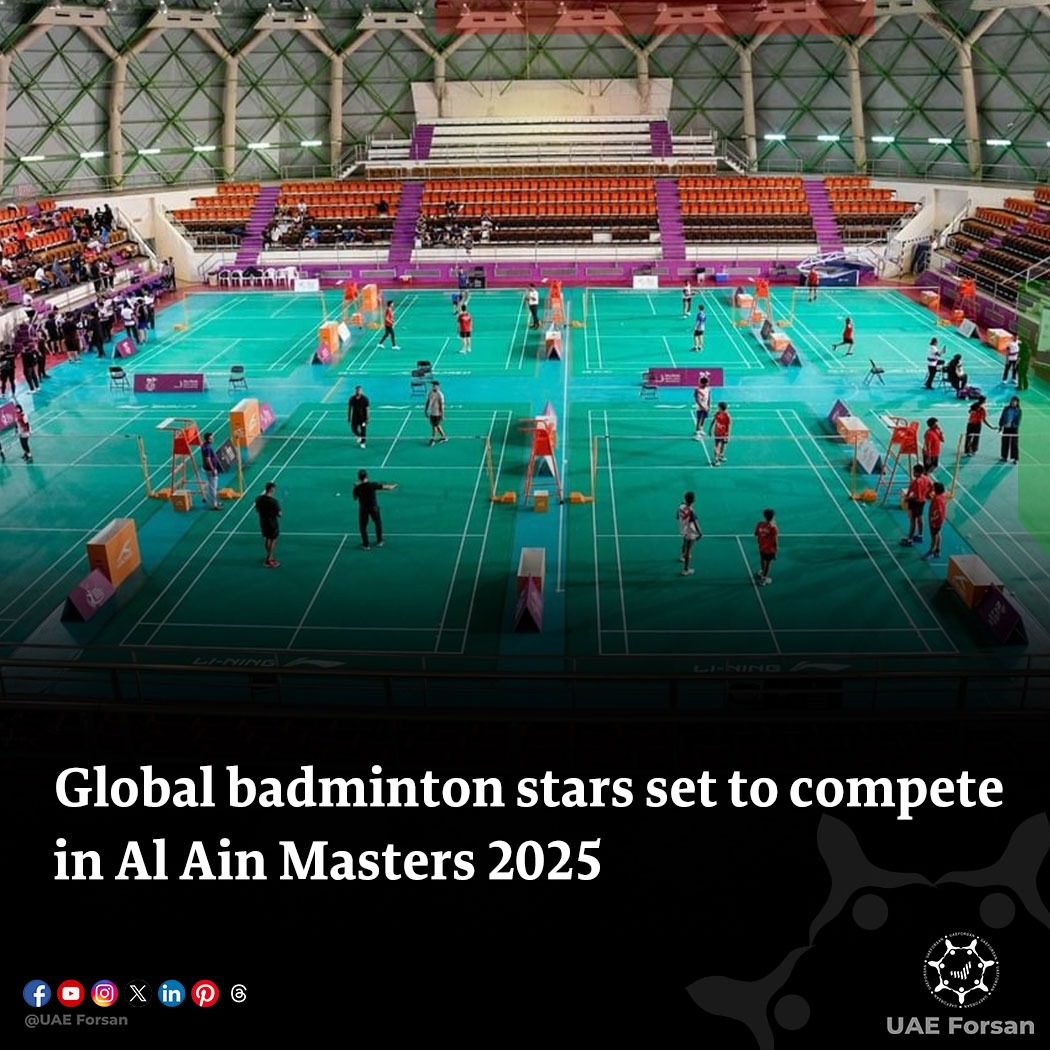UAE_Forsan's tweet photo. Global badminton stars are set to take centre stage at the Al Ain Masters 2025, starting from 30 September to 5 October in Al Ain. The Super 100 Badminton World Federation (BWF) World Tour event will feature nearly 300 players from 38 countries, including five Arab nations, making it a key stop on the international circuit
 #UAE #AbuDhabi #AlAin #AlAinMasters2025 #BWF #UAEBadminton
@UaeBadminton 
@bwfmedia