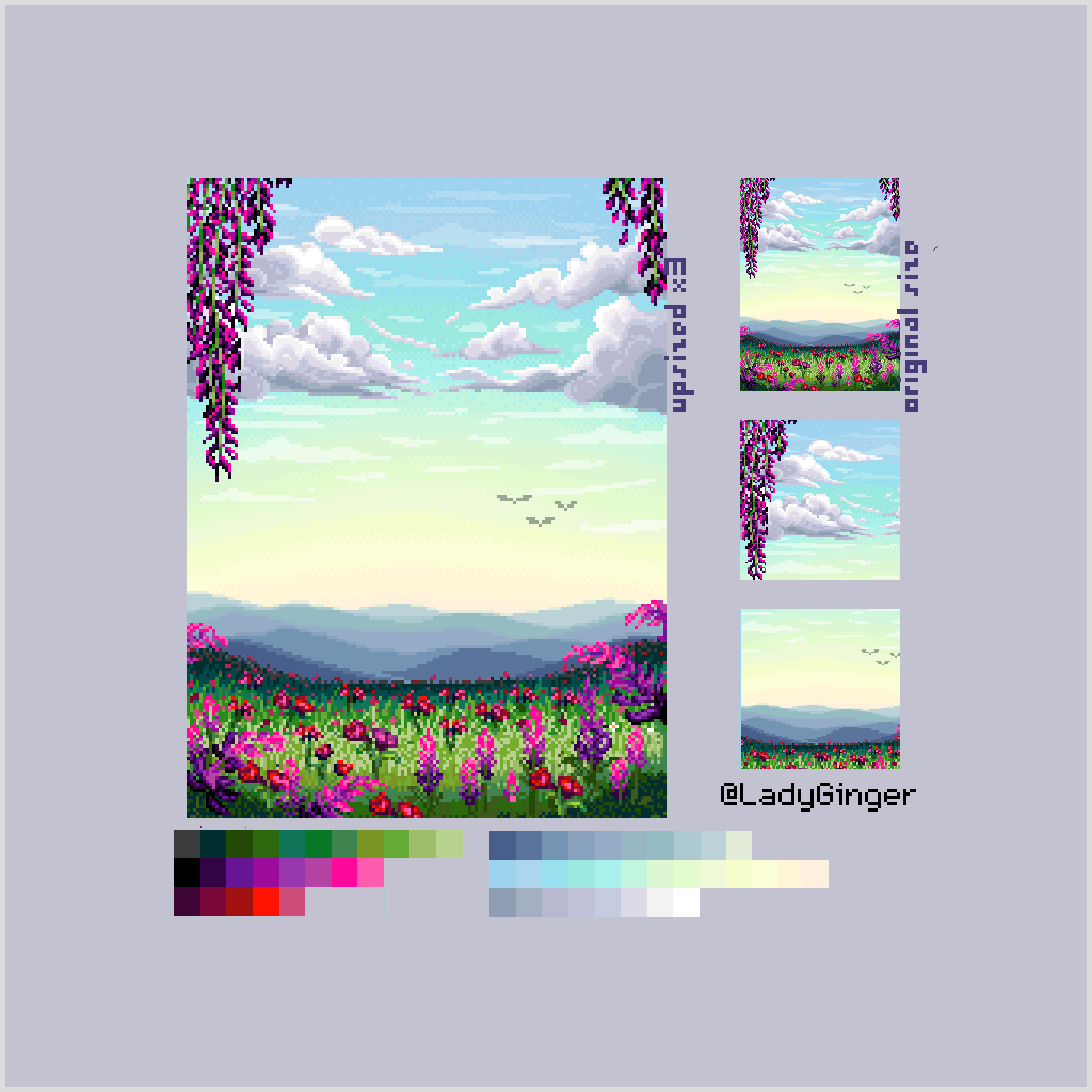 LadyGinger_NL's tweet photo. A landscape I made in August of 2023.
Original colors: 55
#ladyginger #pixelartflower #pixelstudio #pixels #pixelartist #digitalillustration #digitalart #pixelflowers #pixellandscape #scenery #pixelscenery #pixelartmountains #pixelartclouds #pixelclouds #pixelmountains https://t.co/awxFxIK9vO