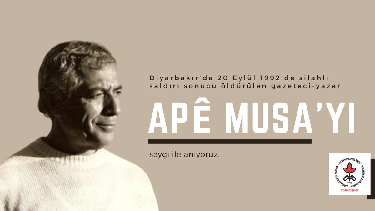 20 Eylül 1992'de uğramış olduğu silahlı saldırı sonucu katledilen Gazeteci-Yazar Apê Musa'yı (Musa Anter) katledilişinin 33. yılında saygı ile anıyoruz.

Olay ile ilgili açılan soruşturma ve kamu davasında hem tetiği çekenler hem de bu cinayeti organize edenler siyasallaşmış