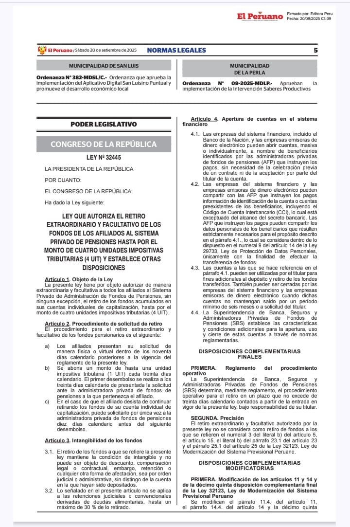 Ya es oficial Retiro #AFP: Gobierno promulga ley que autoriza octava liberación de hasta 4 UIT - S/ 21.400 (LEY N° 32445), palabra cumplida.