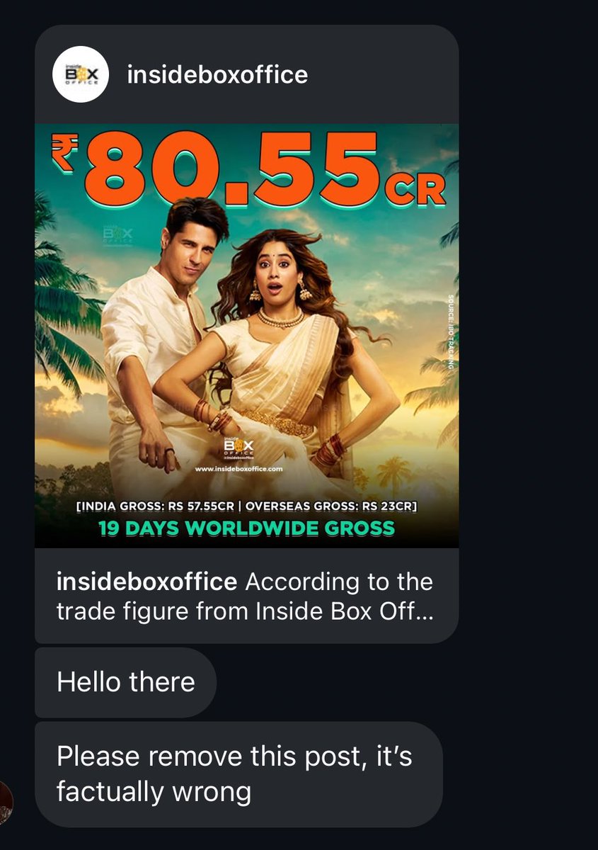 InsideBoxOffice's tweet image. #MaddockFilms strikes again. First, removing reviews, and then the real trade numbers.

#ParamSundari VERDICT IS NOT A SUCCESS. Fake numbers from producers cannot change it. MADDOCK PR will send you a DM and then if you don’t post their producer numbers, they will do this.