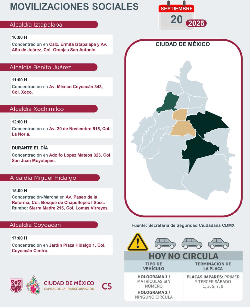 ⚠🗓 #ENTÉRATE | Para hoy, 20 de septiembre 2025, estas son las movilizaciones sociales previstas en la Ciudad de México. 

 #MovilidadCDMX #C5OjosDeLaCDMX 👀 #C5CorazónDeLaCDMX #OjosDeLaCiudad