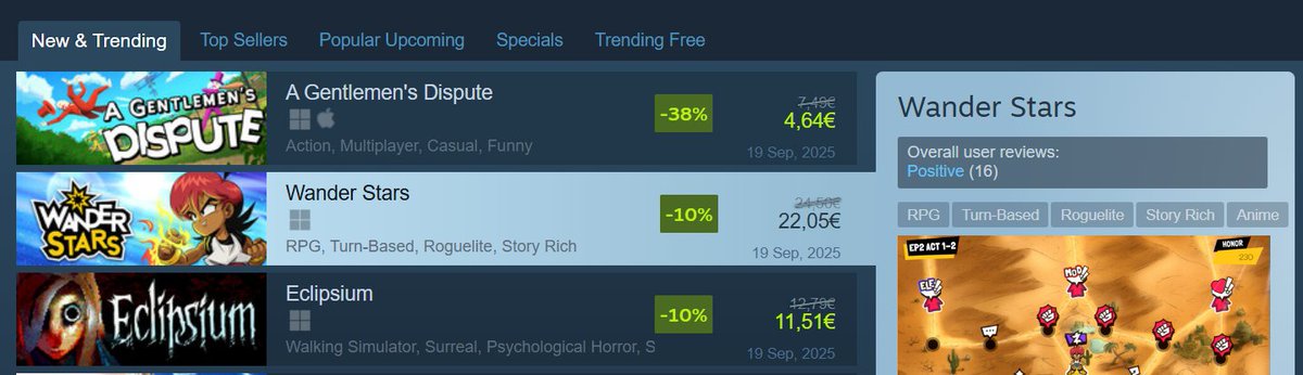papercastledevs's tweet image. Wander Stars made it to the new and trending tab on Steam in our region!! The Wanderstar map is REAL!!! 😭