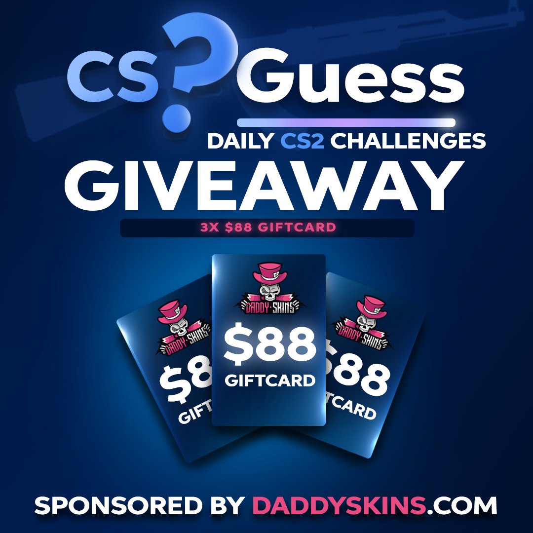 🎉 ATTENTION!!! GIVEAWAY!!    Teaming up with
<a href="/DaddyskinsCSGO/">DaddySkins</a> we give away 3 × $88!!!   
To enter:
✅Follow <a href="/CSGuesscom/">CSGuess</a> &amp; <a href="/DaddyskinsCSGO/">DaddySkins</a> 
✅Retweet this post
✅Tag 2 friends  

Good luck everyone!
<a href="/DaddyskinsCSGO/">DaddySkins</a>🔗csguess.com