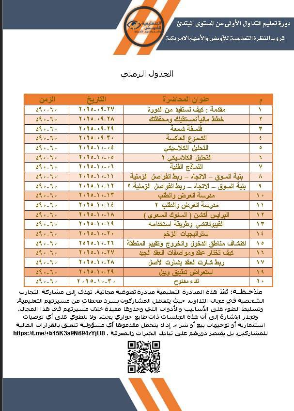 Otb_itti's tweet photo. وتجدر الإشارة إلى أن هذه الجلسات ذات طابع حواري بحت، ولا تنطوي على أي توصيات استثمارية أو توجيهات بيع أو شراء، إذ لا يتحمل مقدموها أي مسؤولية تتعلق بالقرارات المالية للمشاركين، بل يقتصر دورهم على تبادل الخبرات والمعرفة .
https://t.co/vM4ICrcjYp

#سباكس #SPX500 #spx https://t.co/6Tm9RRywt4