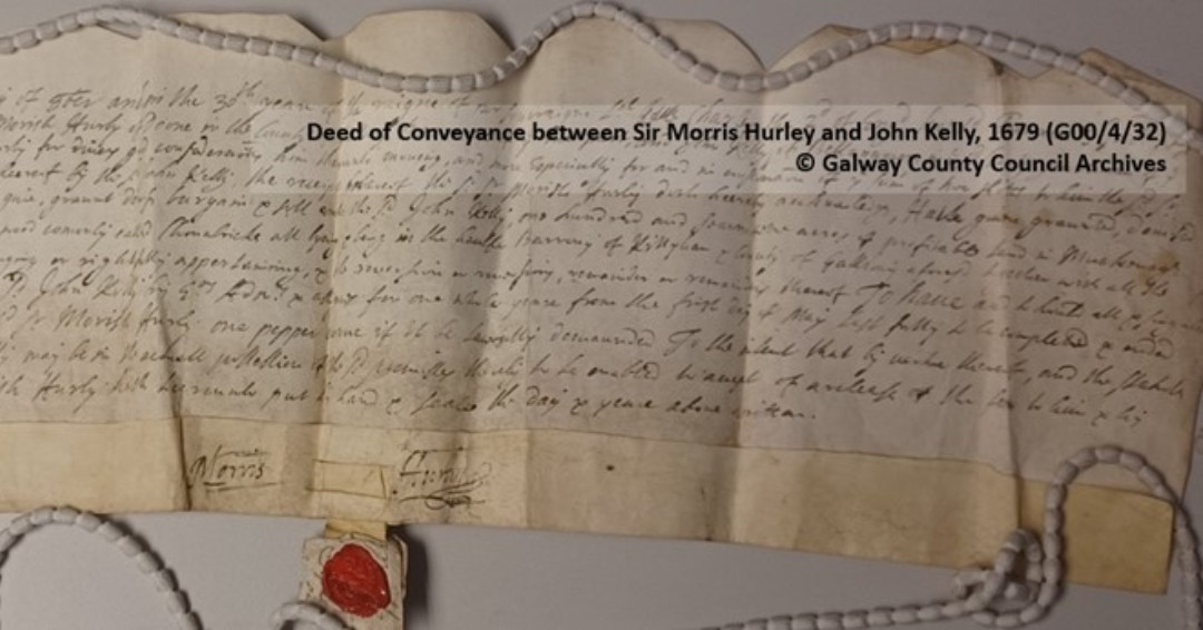 GalwayCoCo's tweet image. From the #Archives: Image of a Deed of Conveyance, on #parchment, between Sir M Hurley &amp;amp; John Kelly, dated 1679 (G00/4/33), re lands near #Ballygar. For more visit our online catalogue @ galway.ie/Archives/AIS6/ @explorearchives #lovelocalarchives #lovearchives