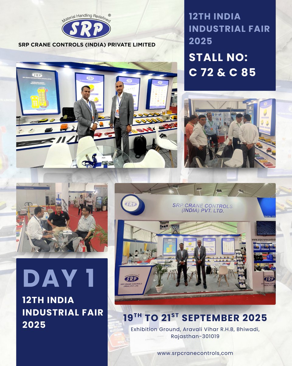 SrpPvt's tweet image. Day 1 at the 12th India Industrial Fair 2025 was a success! 🚀
We’re showcasing smart, safe &amp;amp; efficient crane control solutions at Stall C72 &amp;amp; C85.
📍 Bhiwadi, Rajasthan | 📅 19–21 Sept
Come visit us! 👋

#SRPCraneControls #IndiaIndustrialFair2025 #CraneControls