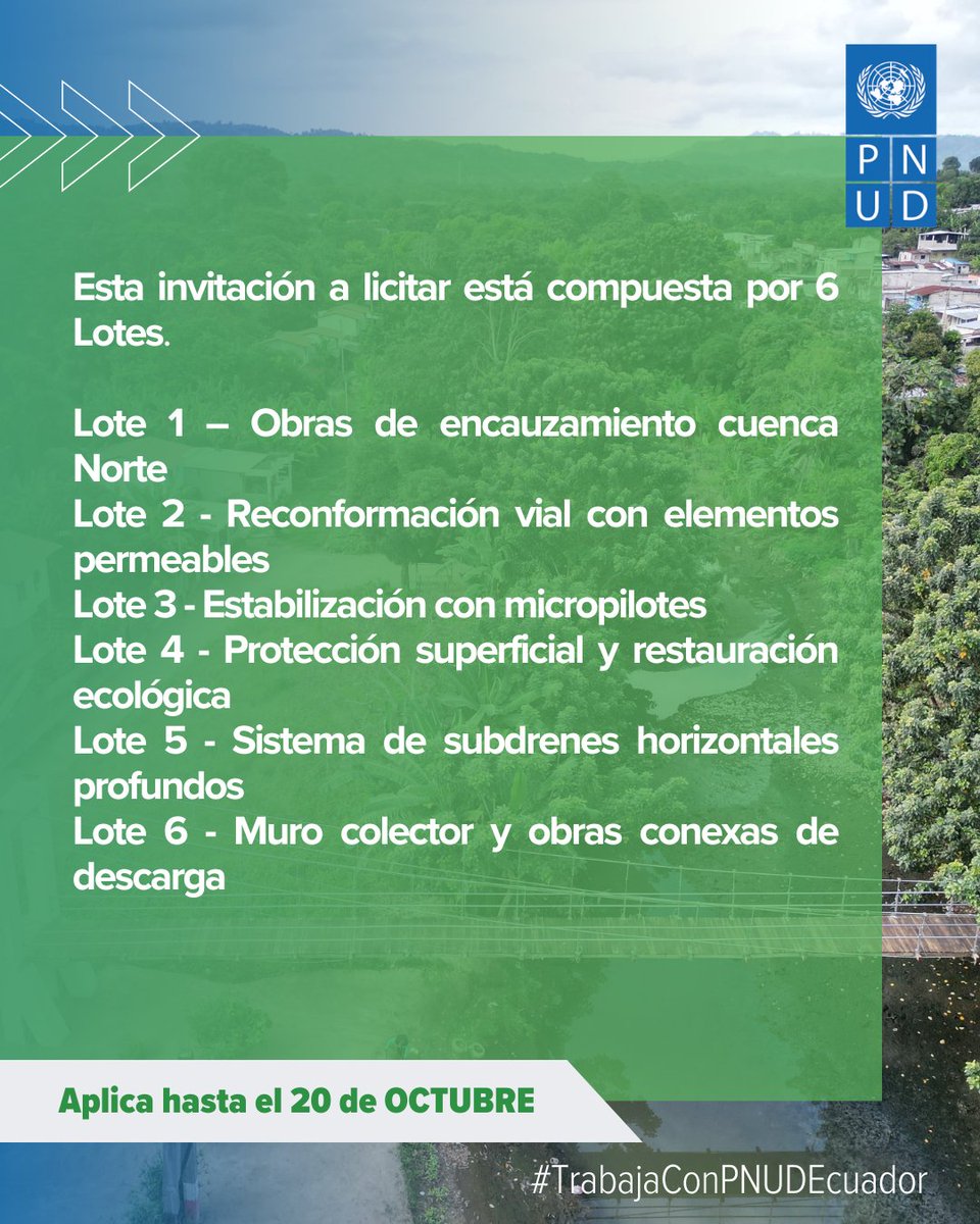 PNUDEcuador's tweet image. 📣Suma al desarrollo de #Esmeraldas💚🇪🇨
Participa en la LICITACIÓN de @Adapta_Clima para la &quot;Construcción de obras de control de escorrentía y estabilización de talud en la ciudad de Esmeraldas&quot; 🏗️

🗓️ Fecha límite: 20/10/2025

🔗Más información: go.undp.org/wa6