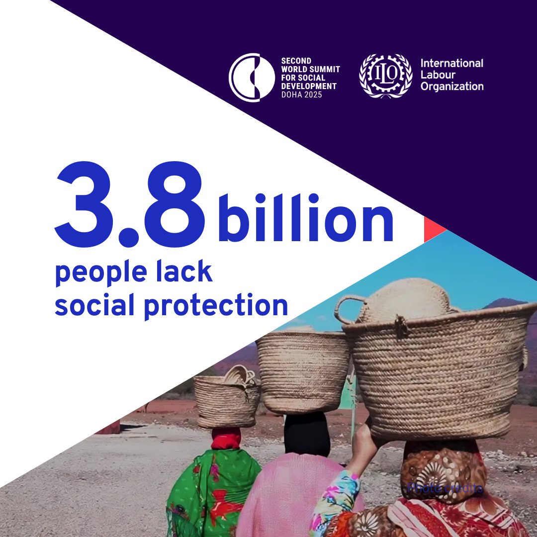 ilo's tweet photo. 🛡️ Universal social protection is key to ending poverty, reducing inequality &amp; tackling today’s global crises.

At #SocialSummit2025, the ILO calls for stronger investment to close coverage gaps &amp; advance social development.

Read more: https://t.co/ye1XykkX3J @soc_protection https://t.co/nH4hZgCjMB