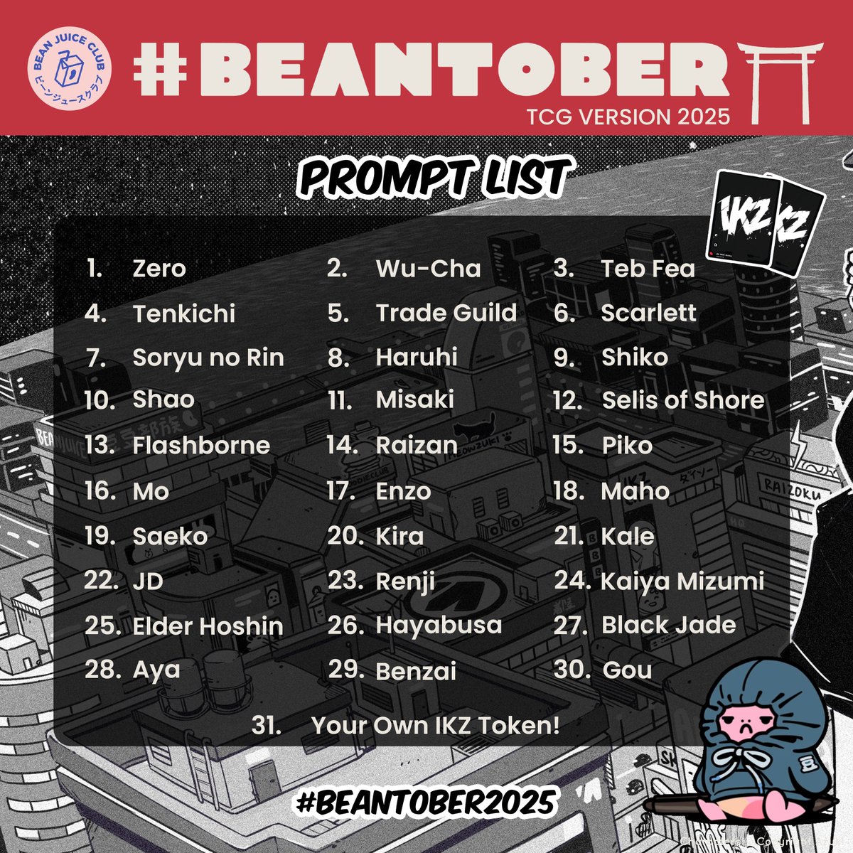 Joshuayapable's tweet image. An annual tradition #inktober is around the corner. Daily themes for artists to be inspired &amp;amp; draw away.

Made a list based on @AzukiTCG this year that I am so excited about- the lore &amp;amp; characters featured are insane🤩

Hope you join me, look forward to your take!
#Beantober2025