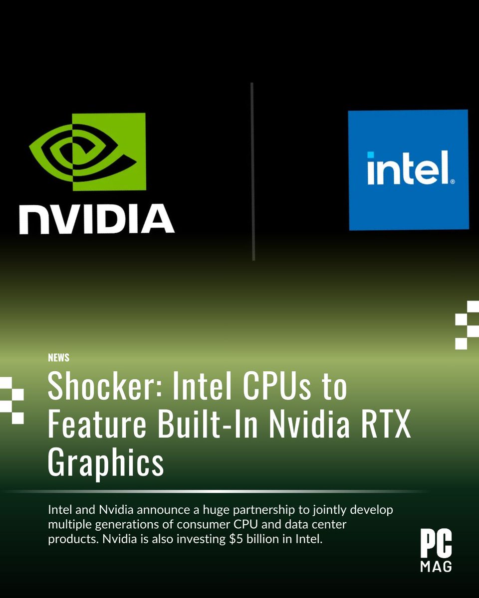 ssarkerdev's tweet image. #nvidia and #intel Develop AI Infrastructure and Personal Computing Products
to put #RTX graphics directly into Intel PC chips. 
For details and Source:
nvidianews.nvidia.com/news/nvidia-an…