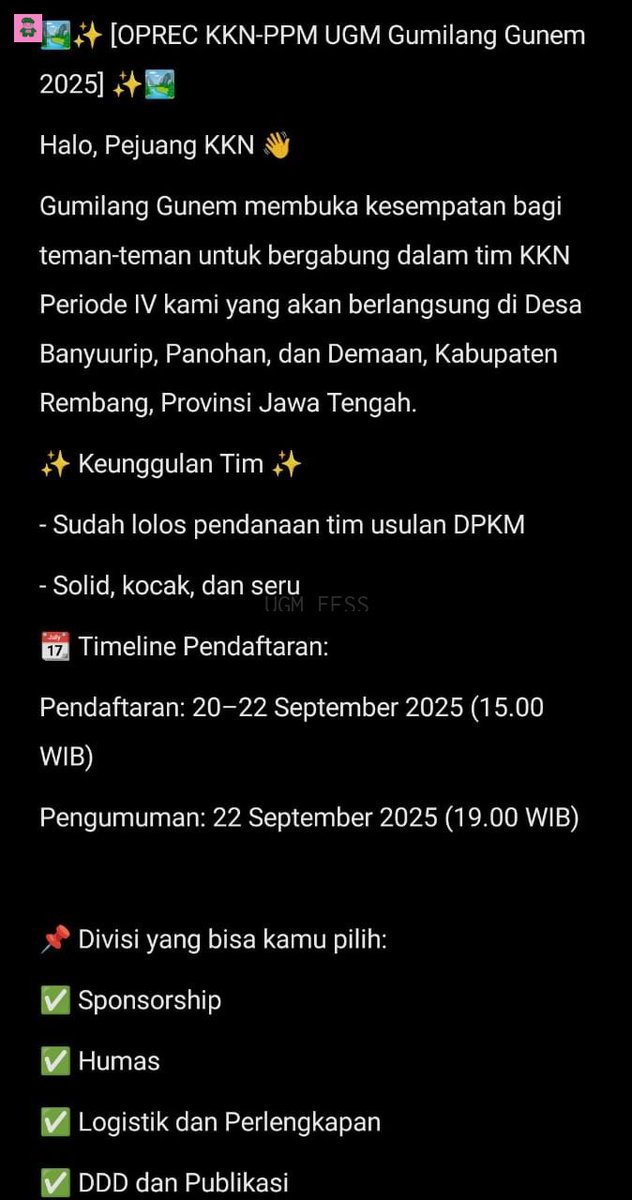 Hallo kawan kawan yujiem ada yang masih bingung pilih tim kkn dimana yuk join Gumilan Gunem. Tanpa Interview!!! dan kita menerima SEMUA JURUSAN 😋. tim dijamin asik seru dan solid. klik aja link ini ayo yokk bit(.)ly/JoinGunem